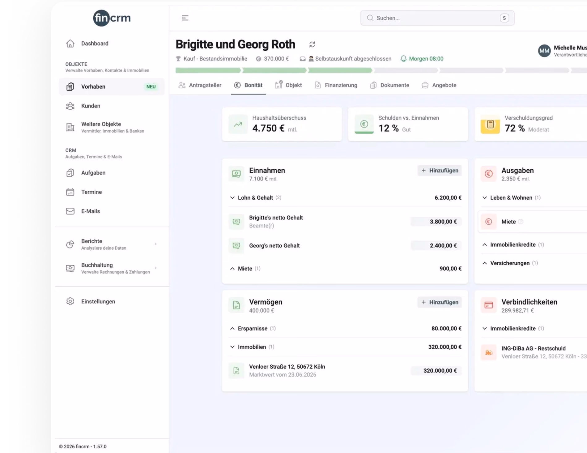 fincrm Produktoberfläche