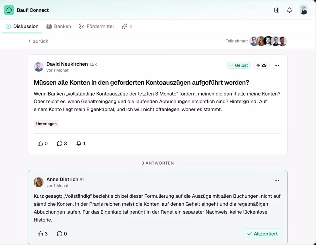Diskussion mit gelöster Frage und akzeptierter Antwort in Baufi Connect